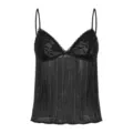 Top lencero negro de encaje para mujer, blusa plisada sin mangas con un lindo lazo. - Negro