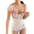 French style white cherry print square neck bodysuit short sleeve ruched romper top - S / White