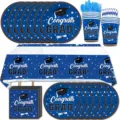 Abschluss Party Geschirr Set blau congrats grad Pappteller Becher Servietten Tischdecke Deko - Blauer Abschluss / Gold Gestreifte Strohhalme 10 Stk