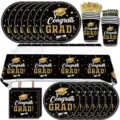Abschluss Party Geschirr Set schwarz gold Pappteller Becher Servietten Tischdecke Deko. - Schwarz Abschlussfeier / Gold Gestreifte Strohhalme 10 Stk