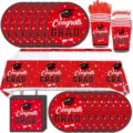 Abschluss Party Geschirr Set rot schwarz Papierteller Becher Servietten Tischdecke - Roter Abschluss / Gold Gestreifte Strohhalme 10 Stk