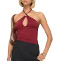 Solid color sleeveless backless halter tank top with front ring detail and fitted design. - S / Red