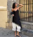 Chic European style black lace camisole layered with white bloomers for women fashion. - S / Tops / Black
