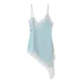 Detail view of women asymmetric lace camisole top in light blue color with delicate straps. - S / Tops / Sky Blue