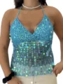 Detailed view of a light blue sequin halter cami top featuring sparkling shiny finish. - S / Blue