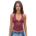 Weinrotes Spitzen-Haltertop, figurbetontes ärmelloses Crop-Top, lässiger sexy Modestil. - S / Fuchsie