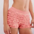 Close-up of pink layered ruffle lace low waist shorts, soft textured fabric detail. - S / Pink
