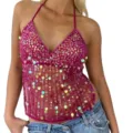 Hot pink sequin halter top summer sexy backless party clubwear sparkly crop top. - S / Rose Red