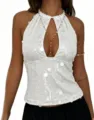 Detail shot of white sequin halter top, keyhole cutout design, sleeveless summer fashion apparel. - White