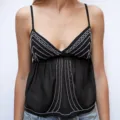 Sexy black v-neck beaded camisole crop top for women summer fashion trendy streetwear style. - S / Tops / Black