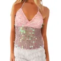 Pink sequin halter camisole top, sexy backless summer party clubwear for women. - S / Pink