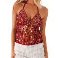 Red sequin halter top summer sexy backless party clubwear crop tank for women style. - S / Red