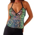 Donna Estate Sexy Paillettes Halter Top Glitter Schiena Scoperta Clubwear Canotta - Nero
