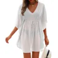 Women White Beach Cover Up V Neck Drawstring Swimsuit Chiffon Tunic Dress Casual - One Size / White