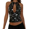 Stylish Black Sequin Halter Crop Top - Sexy Sleeveless Backless Summer Party Wear - S / Black