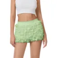 Detailed view of light green ruffled lace low-waist shorts skirt with layered waves, sweet lolita style. - S / Green