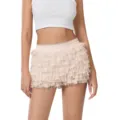 Detail shot of women lace ruffled tiered shorts skirt, low waist Lolita style summer wear. - S / Beige