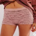 Pink lace tiered ruffle low waist shorts, sweet coquette style daily lounge wear apparel. - S / Lotus Pink