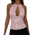Pink sequin halter crop top for women, sexy sleeveless backless summer clubwear party top. - S / Pink