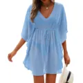Lichtblauwe dames strandjurk V hals trekkoord taille badmode vakantie kleding variant - Eén maat / Hemelsblauw