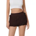 Dark brown ruffle lace mini shorts, sexy low waist tiered skirt pants for women summer. - S / Dark Green