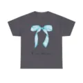 Maglietta manica corta grigio scuro donna con grazioso fiocco acquerello blu e citazione. - Taglia S / Fiocco blu in turchese