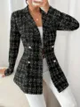 Classic black and white tweed blazer for women, slim waist double-breasted design for chic commuting. - S / Tops / Navy Blue