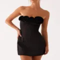 Black strapless mini dress with 3d floral detail, elegant slim fit party wear for summer style - S / Dresses / Black
