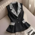 Black houndstooth lapel vest peplum blazer top elegant office wear for women style - S / Tops / Black
