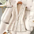 Beige lace women suit vest lapel pearl button slim sleeveless blazer outerwear fashion - S / Tops / Apricot