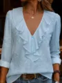 Light blue long sleeve V-neck ruffle blouse with delicate floral embroidery details for women. - S / Tops / Light Blue