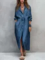 Women Long Sleeve Denim Shirt Dress Casual Drawstring Waist Maxi Dress Spring Autumn - S / Navy Blue