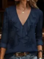 Elegant navy blue V-neck blouse featuring delicate floral embroidery and charming ruffle details. - S / Tops / Navy Blue