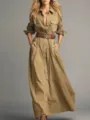 Vestido largo camisa liso manga larga botones mujer elegante casual maxi vestido - S / Vestidos / Sin Cinturón / Caqui