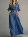 Detalles del vestido camisa largo liso de mujer con manga larga y cinturón elegante. - S / Vestidos / Sin Cinturón / Azul