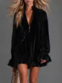 Vintage black velvet long sleeve zip stand collar mini dress with stylish ruffled hem and cuffs. - S / Dresses / Black