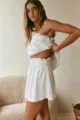 Completo due pezzi bianco in cotone e lino donna estate top fascia senza spalline e shorts volant - Taglia S / Sopra e sotto / Bianco