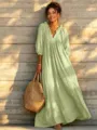 Casual V-neck long sleeve maxi dress close up view, stylish boho resort wear fashion. - XS / Dresses / Yellow-Green