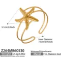 Gouden zeester roestvrijstalen manchetarmband detail met maatvoering, 316L materiaalspecificatie. - Zeester Stijl (Z264) / Goud