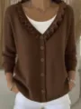 Brown knitted cardigan detail featuring a stylish ruffled v-neckline and front button closure. - Dark Brown