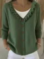 Green knitted cardigan with chic ruffles, V-neckline and cozy button-up style for autumn daily. - S / Tops / Green