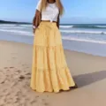 Women high waist floral printed tiered maxi skirt casual beach vacation long skirt - 1XL / Yellow