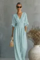 Elegante lichtblauwe jumpsuit met V-hals en korte mouwen voor dames zomer casual. - Teal