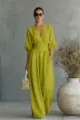 Elegante vrouwen groene v-hals getailleerde jumpsuit wijde pijpen lente zomer mode - Olijfgroen