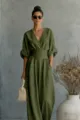 Olijfgroene V-hals korte mouw elegante jumpsuit voor dames, tailleceintuur lente zomer. - Legergroen