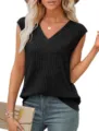 Vrouwen Zomer Casual V-Hals Mouwloos Geribd Gebreid Top Effen Kleur Basis Trui Shirt - S / Tops / Zwart