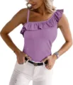Detailed view of the summer one-shoulder sleeveless ruffle slim women top in purple. - S / Light Purple