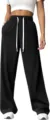 Women high waist casual wide leg sweatpants with white drawstring loose streetwear trousers - S / Black