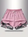 Women athletic shorts pink camouflage double layer activewear gym fitness running shorts with pockets - S / Pink