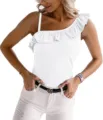 Women summer white one-shoulder ruffled slim fit ribbed tank top for daily casual wear - S / White